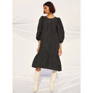 Aritzia Wilfred Sedona Black Taffeta Ruffle Midi Dress Puff Sleeves A Line XS